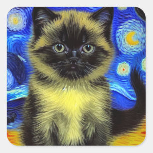 Sticker Carré Van Gogh Starry Nuit Siamese Cat