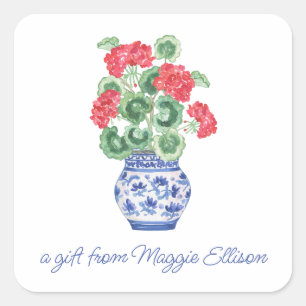 Sticker Carré Vase Chinoiserie de Red Geraniums Cadeau