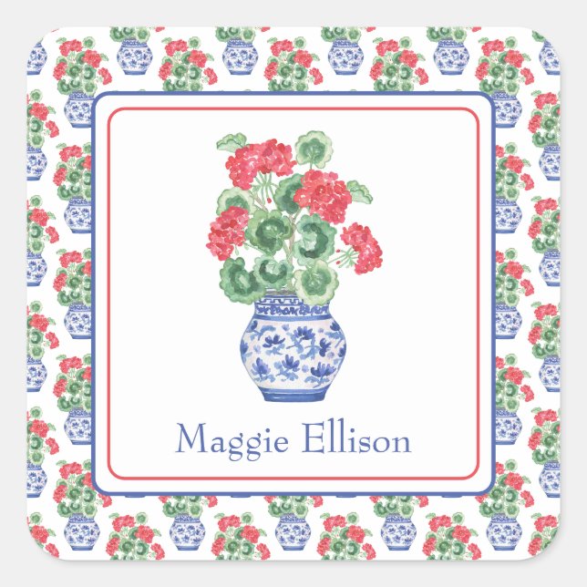 Sticker Carré Vase de Chinoiserie des Geraniums rouges (Devant)