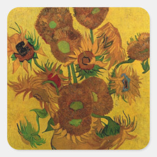 Sticker Carré Vase de fleurs avec 15 tournesols Vincent van Gogh