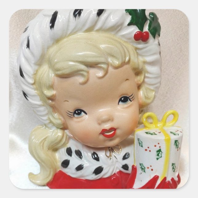 Sticker Carré Vase de tête de fille de Noël Présente Holly migno (Devant)