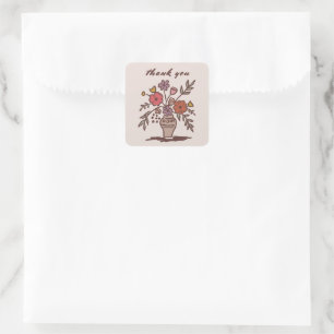 Sticker Carré Vase florale Rustique Whimsical Sketch Merci