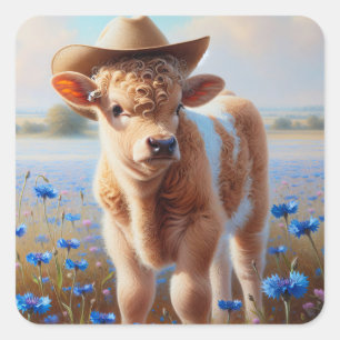 Sticker Carré Veau Avec Casquette Cowboy En Pâturage