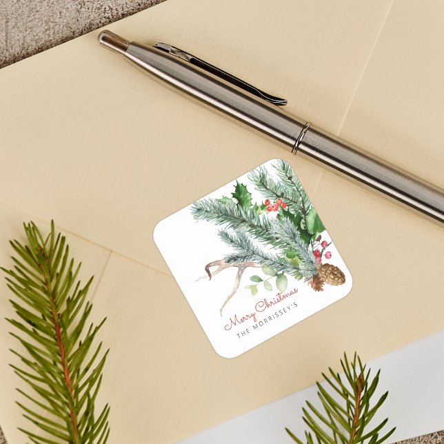 Sticker Carré Végétation d'hiver Pinecone Antler Berries vacance (Winter Greenery Pinecone Antler Berries Holiday Square Sticker)
