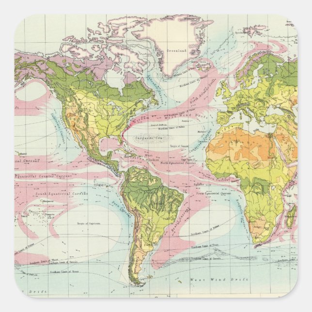 Sticker Carré Végétation du monde et carte de courants d'océan (Devant)
