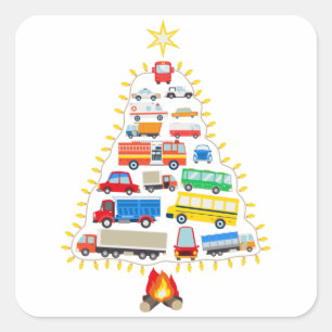Sticker Carré Véhicules Cadeau Arbre de Noël, Véhicules Costumes