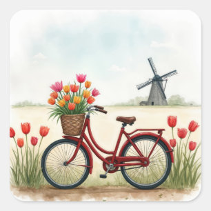 Sticker Carré Vélo Rouge Avec Tulipes Néerlandaises