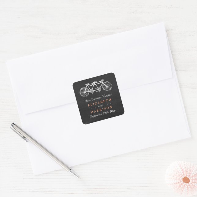 Sticker Carré Vélo Tandem Sur Chalkboard Mariage Favoriser (Enveloppe)
