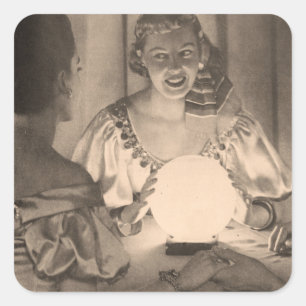 Sticker Carré Vendeur Fortune vintage avec Crystal Ball Sepia