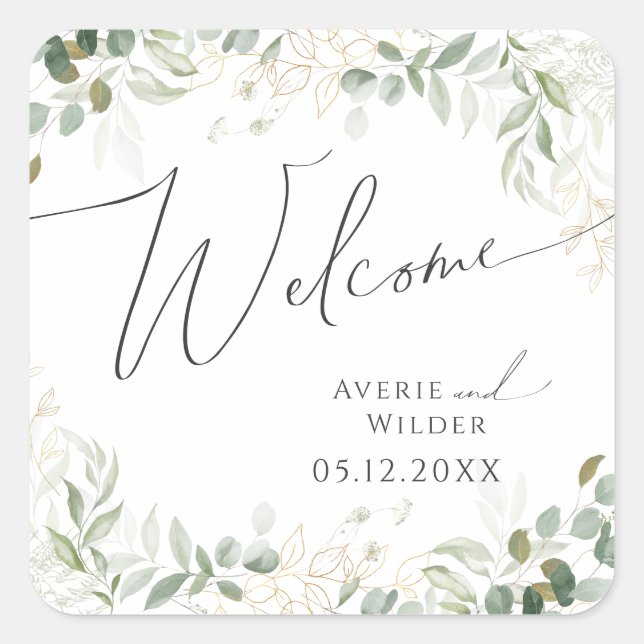 Sticker Carré Verdure et or | Bienvenue Mariage (Devant)