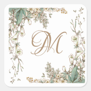 Sticker Carré Verdure Floral Garland Script Monogramme Élégant