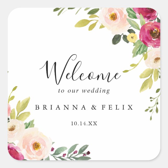 Sticker Carré Verdure Rose Blush Floral Mariage Bienvenue (Devant)
