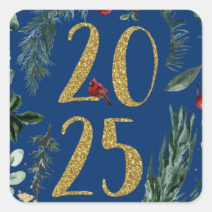 Sticker Carré Verdure rustique 2025 Bleu Nouvel An Vacances