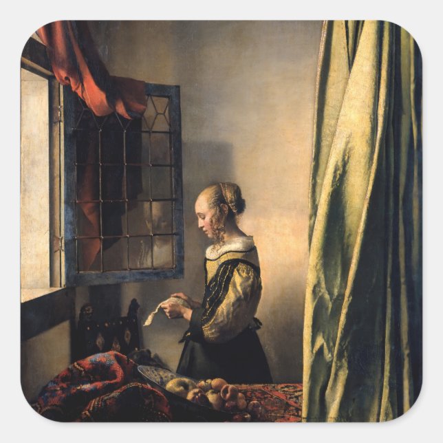 Sticker Carré Vermeer - Fille lisant une lettre à une fenêtre ou (Devant)