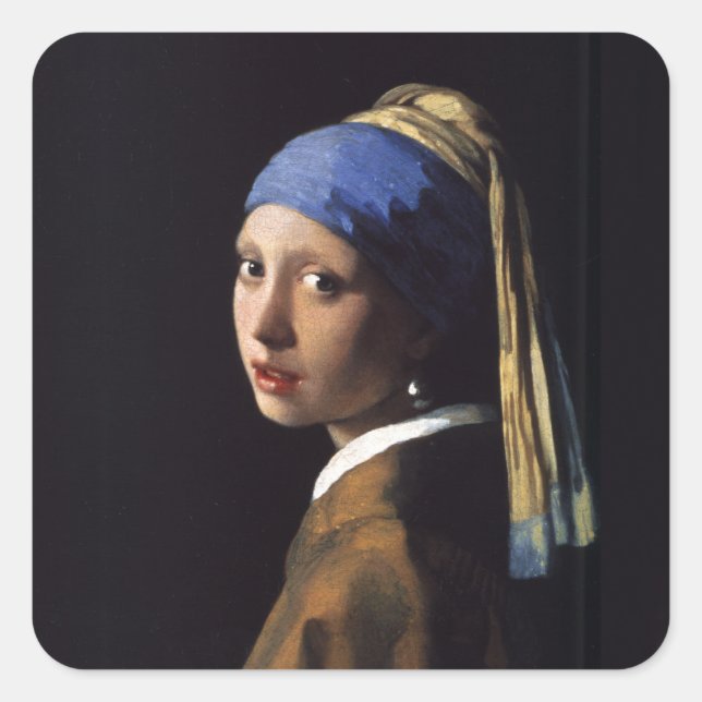 Sticker Carré Vermeer Girl Pearl Élevant Masterpiece Peinture (Devant)