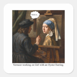 Sticker Carré Vermeer travaillant sur La Jeune Fille au collier