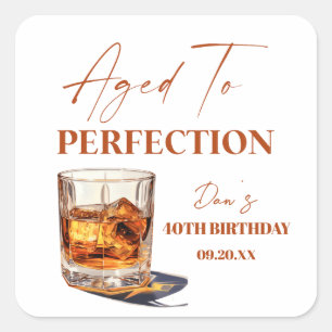 Sticker Carré Verre à Whisky Vieilli à la Perfection pour Fête d
