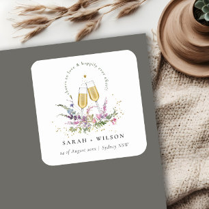 Sticker Carré Verres à vin dorés Cheers to Love Mariage Floral