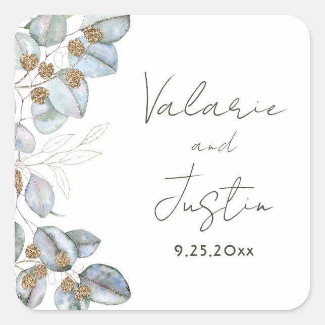 Sticker Carré Vert Aquarelle Eucalyptus Mariage Carré Stic (Devant)