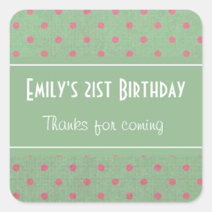 Sticker Carré Vert avec Pois rose Merci d'anniversaire
