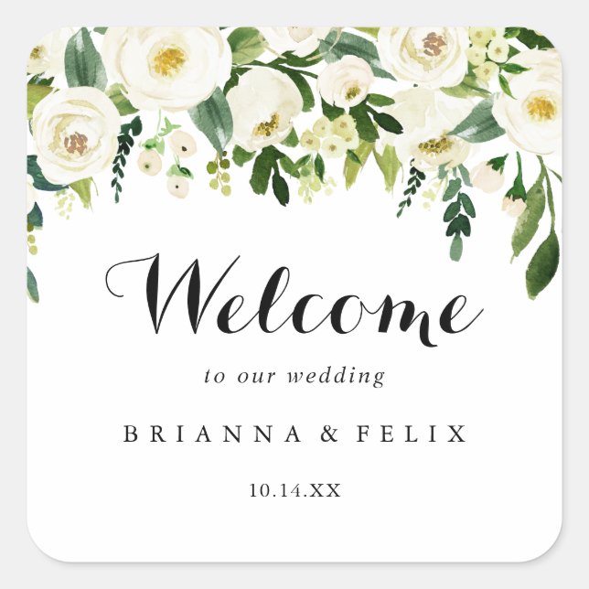 Sticker Carré Vert Blanc Automne Floral Mariage Bienvenue (Devant)