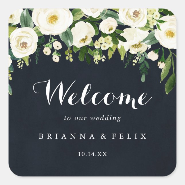 Sticker Carré Vert Blanc Floral Royal Blue Mariage Bienvenue (Devant)