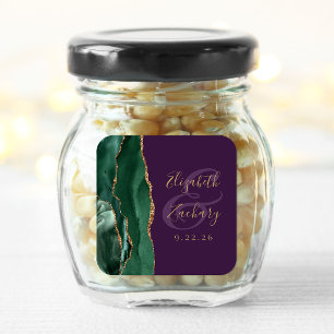 Sticker Carré Vert émeraude Or Agate Script Mariage Violet