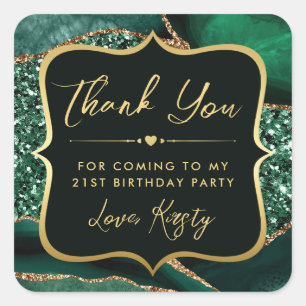 Sticker Carré Vert et or élégant Paillettes Agate Anniversaire
