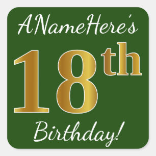 Sticker Carré Vert, Faux Gold 18e anniversaire + Nom personnalis