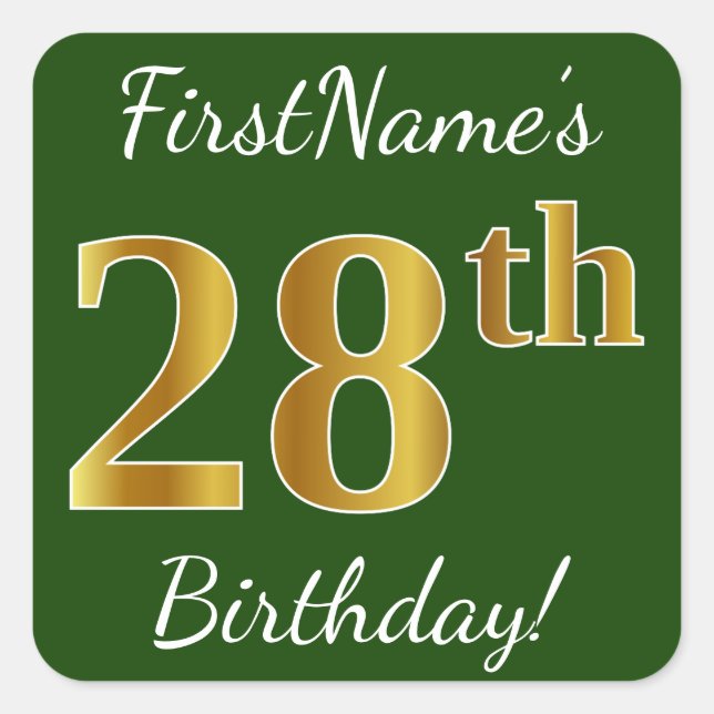 Sticker Carré Vert, Faux Gold 28e anniversaire + Nom personnalis (Devant)