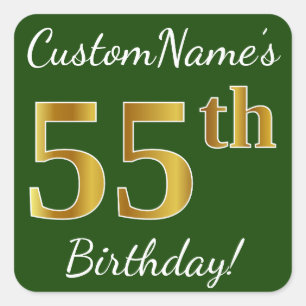 Sticker Carré Vert, Faux Gold 55e anniversaire + Nom personnalis