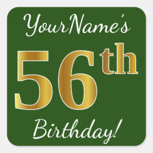 Sticker Carré Vert, Faux Gold 56e anniversaire + Nom personnalis