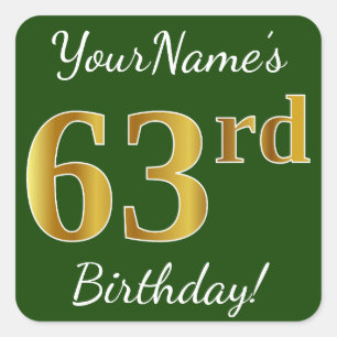 Sticker Carré Vert, Faux Gold 63e anniversaire + Nom personnalis
