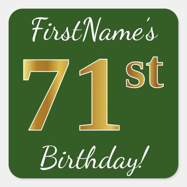 Sticker Carré Vert, Faux Gold 71e anniversaire + Nom personnalis (Devant)