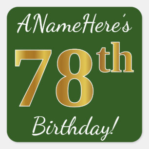Sticker Carré Vert, Faux Gold 78e anniversaire + Nom personnalis