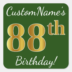 Sticker Carré Vert, Faux Gold 88e anniversaire + Nom personnalis