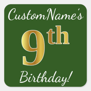 Sticker Carré Vert, Faux Gold 9e anniversaire + Nom personnalisé