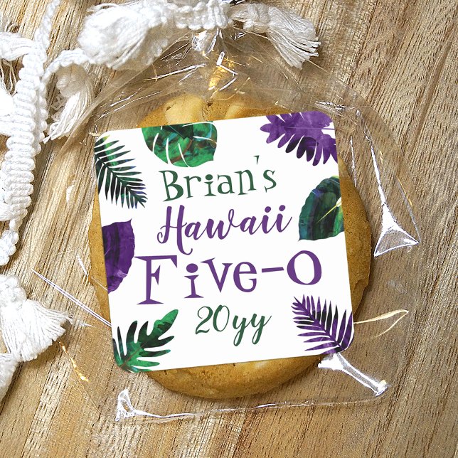 Sticker Carré Vert, feuilles violettes prune Hawaii 5-0 50e anni (Green plum purple tropical Hawaiian monstera leaves, 50th birthday, Hawaii 5-0 party favor sticker)
