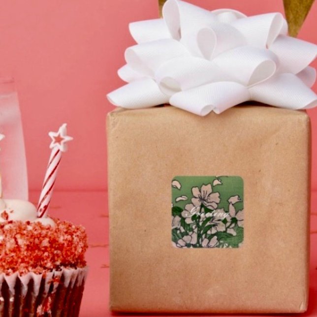 Sticker Carré Vert fleur rose (Créateur téléchargé)