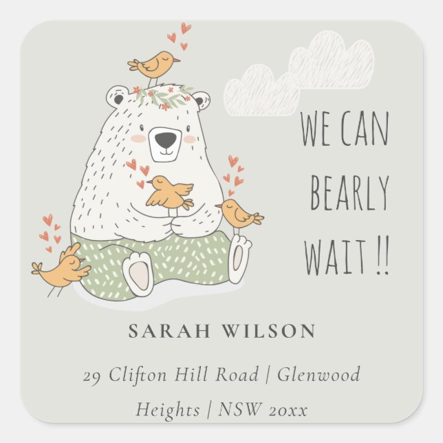 Sticker Carré Vert on peut attendre l'ours Baby shower adresse (Devant)