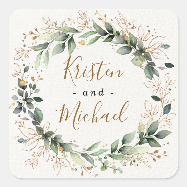 Sticker Carré Vert or Elégant Aquarelle Boho Mariage feuille (Devant)