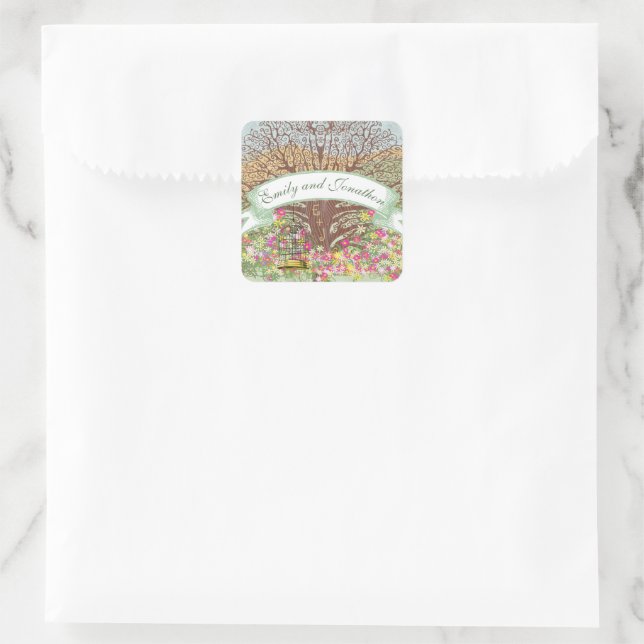 Sticker Carré Vert rose Jaune Floral Brown Chêne Mariage (Sac)
