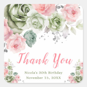 Sticker Carré Vert sauge et floral rose pour anniversaire