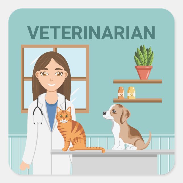 Sticker Carré Vétérinaire Clinique Vétérinaire Femme Avec Chat E (Devant)