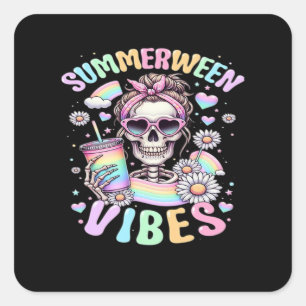 Sticker Carré Vibes de Summerween Douce Fille Squelette Été Halo