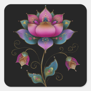 Sticker Carré Vibrant indien Mehndi Lotus Flower Rose Bleu Or