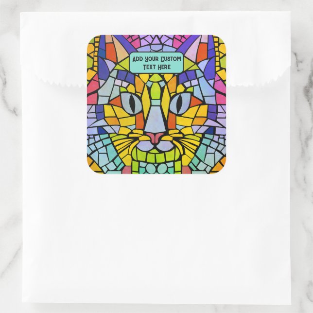 Sticker Carré Vibrant Kitty Chat visage et son propre message co (Sac)