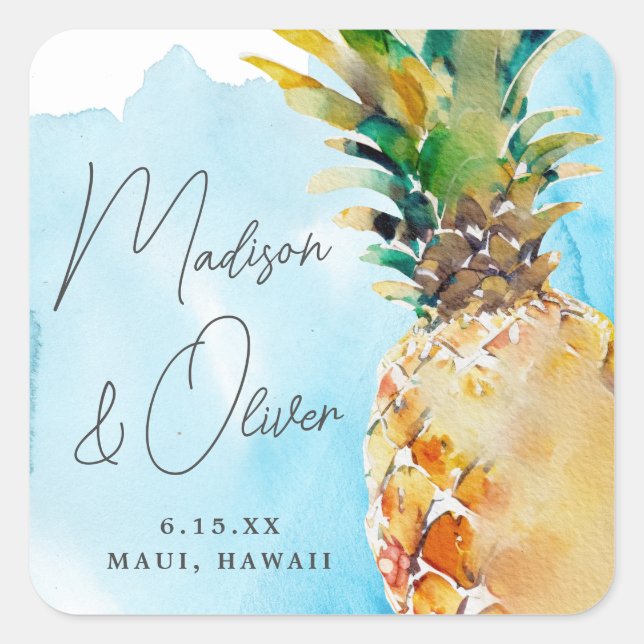 Sticker Carré Vibrant Mariage d'aquarelle à ananas tropicale (Devant)