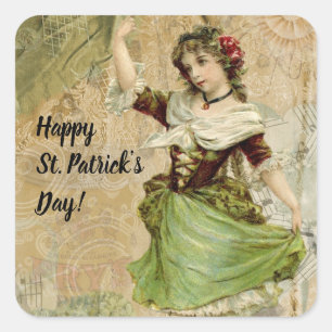 Sticker Carré Victorian Dancing Girl in Green St. Patrick's Day