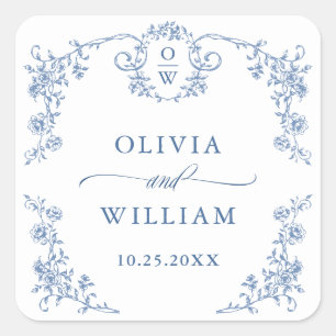 Sticker Carré Victorien Ornate Grace Floral Dusty Mariage bleu